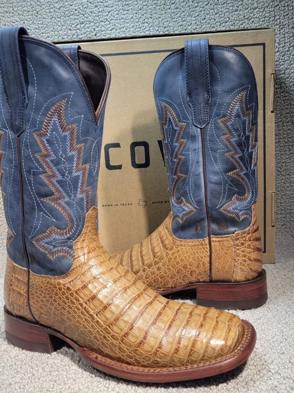 Tecovas The William Men's US Size 8.5D Toffee Navy Caiman Cowboy Boots